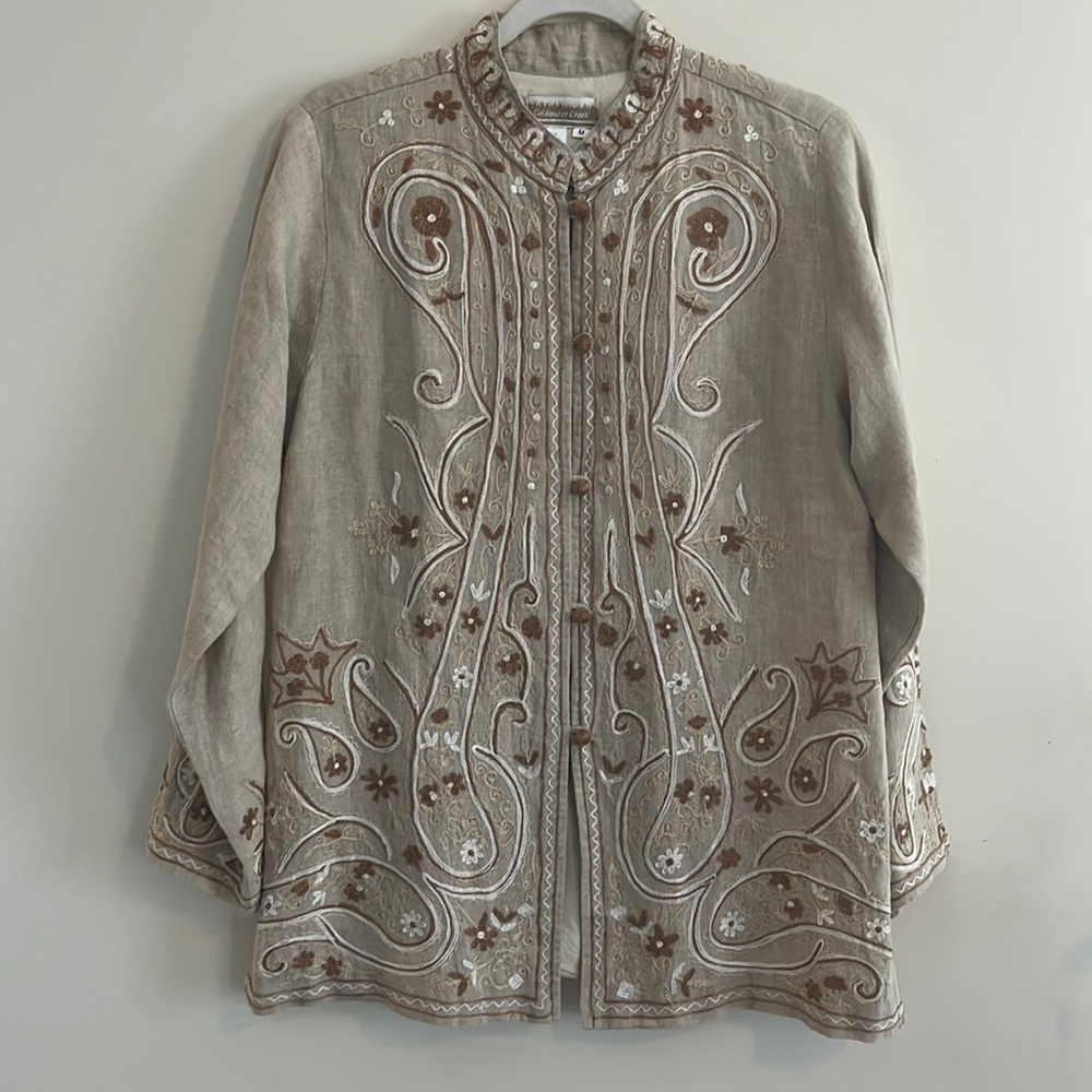 Coldwater Creek Linen Jacket‎ Embroidered Boho Natural Hippie M Fall romantic